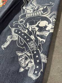 ROMWE MEN Anime Men's Letter & Skull Graphic Wide Leg Casual Jeans - Blue - View 3