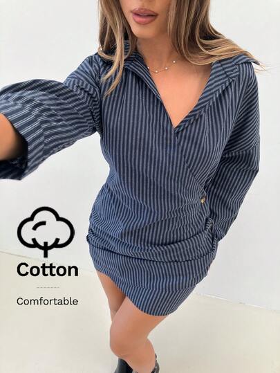 Siren Gaze Women's Navy Blue Pinstripe Shirt Dress, Office Commuter Wear, Business Casual Dress, Intellectual Style Shirtdress, Blue Striped Dress Long Sleeve Blue Dress Button Up Dress Blazer Dress, Graduation Guest Dress, Elegant Party Dresses, Formal Dresses For Women Summer