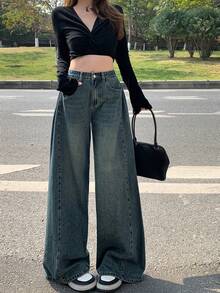 DAZY 女式宽松口袋直筒休闲牛仔裤，宽松牛仔裤