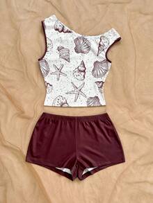 Soleia 女士度假海星印花不对称肩部上衣和短裤休闲两件套 - 彩色 - 查看 4