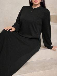 Modelyn 女士休闲宽松纹理面料圆领长连衣裙，藏蓝色，秋冬款 - 黑色 - 查看 5