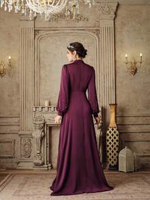 Anewsta Long Sleeve Rhinestone Embellished Dress, Elegant Mother's Day Gown For Middle Eastern Wedding Guests - Red Violet - View 2