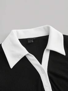 SHEIN MOD 学院风黑白撞色领纽扣前开襟连衣裙 - 黑與白 - 查看 3