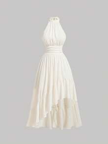 SHEIN MOD Apricot Asymmetrical Halter Neck Dress With Backless, Pleated Bust And Ruffle Hemline - Apricot - View 1