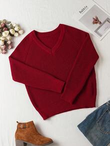 EMERY ROSE 女士纯色V领休闲百搭长袖套头毛衣 - 紅色 - 查看 6