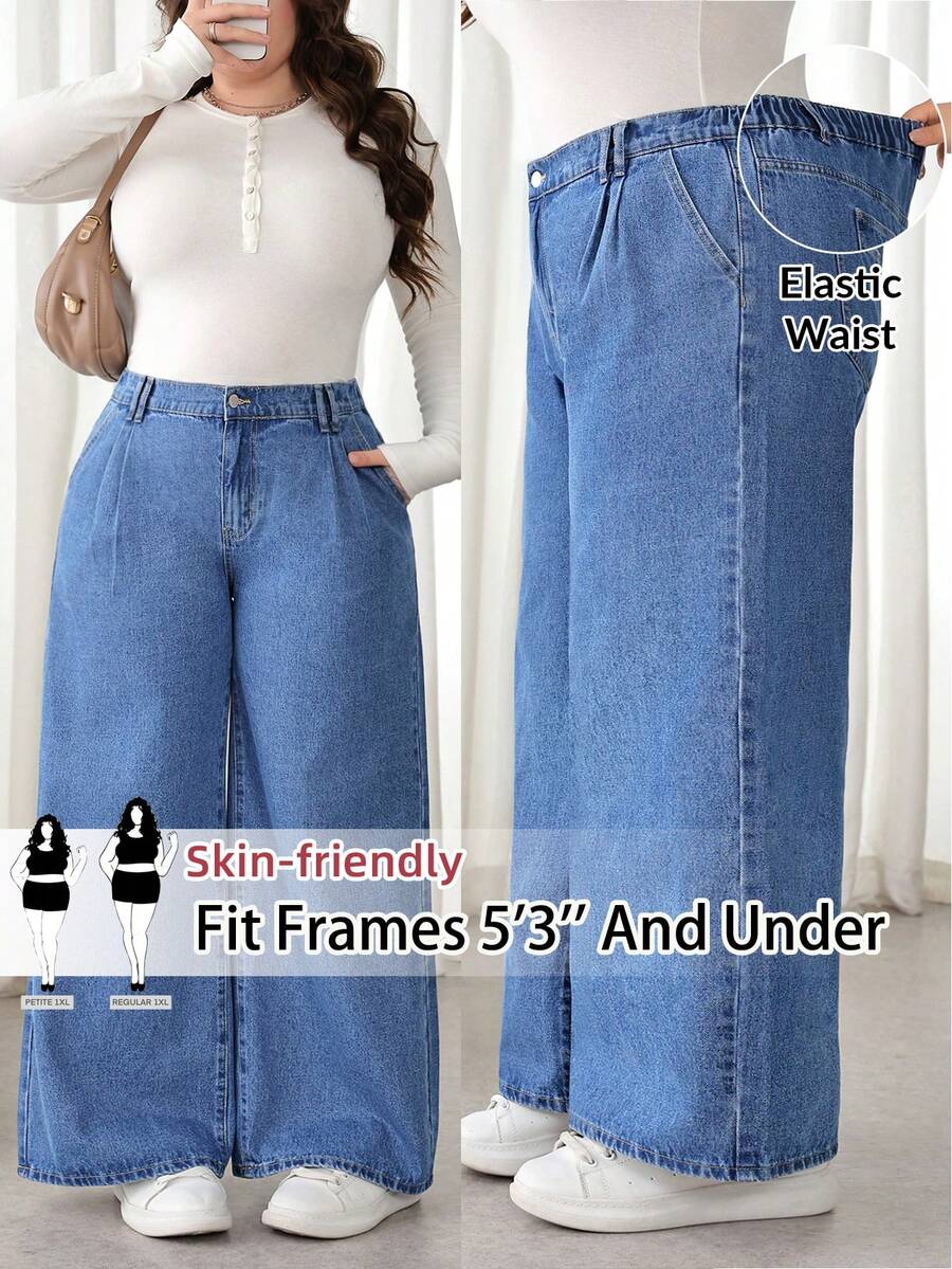 SHEIN PETITE CURVE 大码女式高腰口袋阔腿宽松休闲牛仔裤，适合冬季、圣诞节、新年、感恩节、通勤、度假、毕业典礼等场合，时尚百搭，Y2K风格，可爱街头风，适合派对、婚礼等优雅商务场合。 - 藍色 - 查看 1