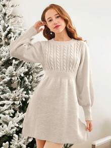 SHEIN Teen Girls Khaki Crewneck Knit Textured Twist Puff Sleeve Waist Fit & Flare Casual Dress, Elegant In Fall/Winter - Khaki - View 3