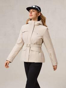 OutZeal Ski Jacket Women Shell Jacket Thermal Clothes Winter Skiing Camping Quilted Lined Water-Resistant Adjustable Belt With Zip Pockets - Apricot - View 11