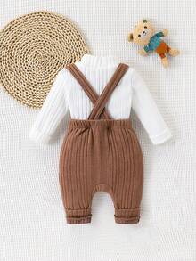 SHEIN 2pcs Baby Boy Textured Fleece Stand Collar Long Sleeve Top And Bib Overalls Set New Born Fall Baby Outfit Newborn Baby Boy Brown Baby Boy Outfit Mocha Baby Clothes Baby Knit Jumpsuit Brown Baby Boy Jumpsuit