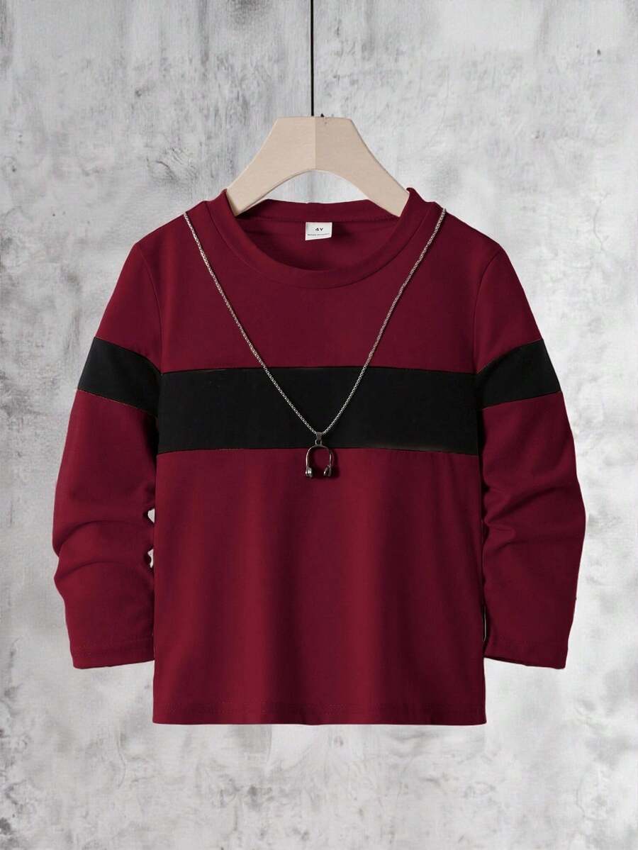Vacaura Young Boys' Casual Color Block Long Sleeve Round Neck T-Shirt,Sports Style Design Tops For Summer,School,Spring,Autumn,Outdoor Activities,Daily Wear - Burgundy - View 1