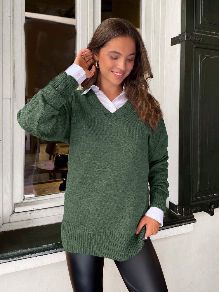 SHEIN 女士休闲V领落肩长袖套头毛衣，秋冬款 - 薄荷綠 - 查看 3