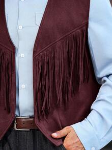 Manfinity Nomadique Men's Solid Color Open Front Casual Western Style Fringe Vest - Burgundy - View 5