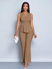 SOLERSUN Bộ đồ hai mảnh không tay dài tay cổ chữ V thanh lịch màu mơ cho nữ, quần ống rộng, viền bất đối xứng, thường ngày, mùa xuân và mùa hè, không tay, tay ngắn - màu nâu - Xem 3