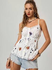 Freevana Áo hai dây nữ in hoa, cài cúc phía trước, phong cách mùa hè boho lãng mạn đồng quê. - trắng - Xem 4