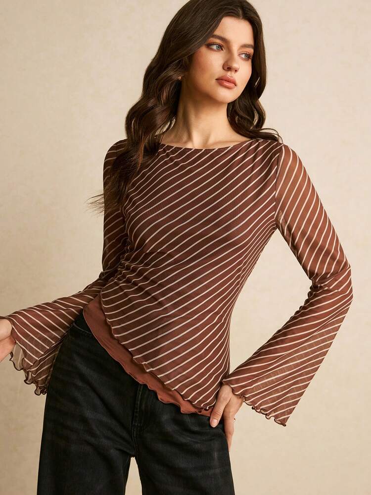 Poéselle 女士透视网纱条纹长袖T恤 – 巧克力棕色修身荷叶边下摆上衣，叠层街头风透视网纱条纹长袖棕色美学荷叶边下摆上衣，Y2K风格网纱修身T恤，休闲/办公通勤条纹印花喇叭袖褶皱修身T恤，春秋冬季女士休闲棕色上衣情人节 - 棕色 - 查看 3