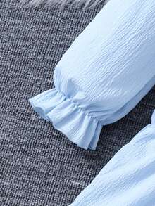 SHEIN 少女纯色方领泡泡袖褶皱腰身荷叶边下摆法式甜美中长连衣裙 - 淺藍色 - 查看 6