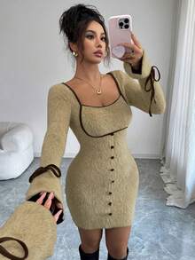 Modelyn Women's Butterfly Tie Elegant Short Dress, Autumn/Winter - Khaki - View 5