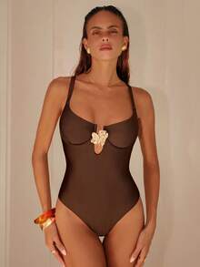 Swim Chiccia Elegant Brown Sleeveless Spaghetti Strap One-Piece Bikini Swimsuit With Criss Cross Detail - Brown - View 1