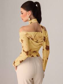 Modelyn Autumn Knitted Sexy Sheer Mesh Ribbon Print T-Shirt Off The Shoulders Top Pale Yellow Top Off The Shoulder Long Sleeve Yellow Top Women Butter Yellow Top - Yellow - View 2