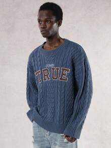 DAZY Men's Letter Embroidery Design Blue Striped Cable Knit Sweater, Autumn/Winter - Blue - View 4