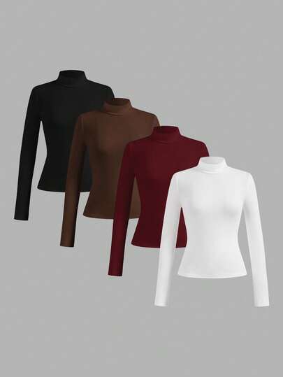 SHEIN Essnce 4pcs/Set Casual Solid Color Versatile Layering Slim Fit Turtleneck Sweater For Women, Autumn/Winter
