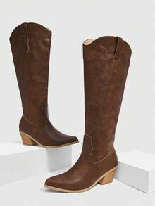 女式尖头粗跟西部一脚蹬靴，绒面革刺绣及膝马靴，秋冬适用 - 棕色 - 查看 2