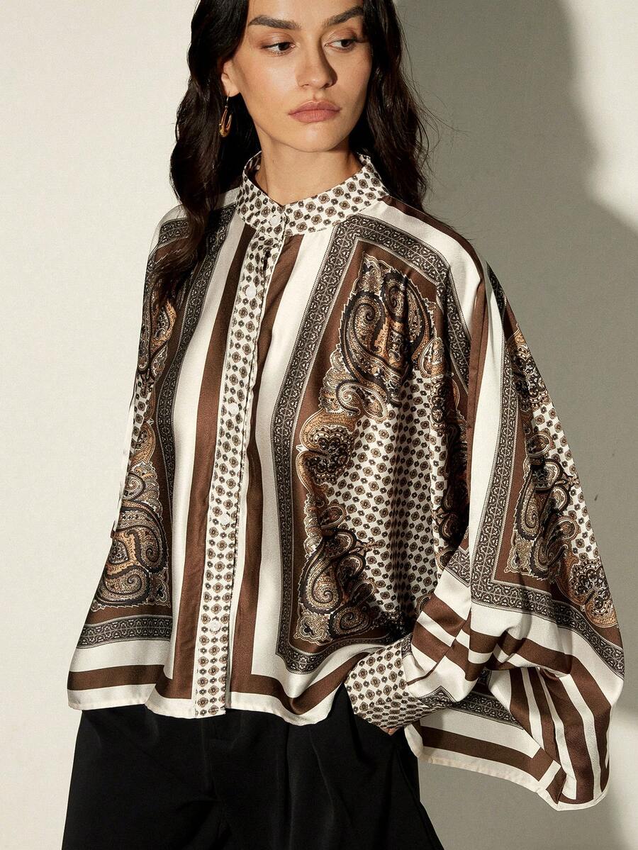 Frievida Commuting Vintage Colorblock Positioning Print Sleeve Hem Design Loose Vacation Vibe Women Shirt - Multicolor - View 1