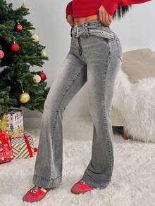 Rivivi Jeans slim fit con gamba a zampa di elefante, lavati, di stile casual e alla moda - Grigio Chiaro - Visualizzare 3