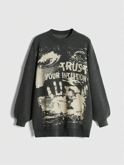 ROMWE Avant Suéter holgado de mujer con estampado asimétrico de calavera, tie-dye y estilo vintage punk neon