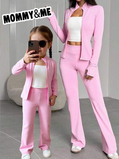 SHEIN Young Girl 2pcs Set Stand Collar Zipper Solid Color Long Sleeve Top And Long Pants, Pint, Great For Casual & Daily Wear & School Daily In Summer & Autumn, Girls Pink Two Pieces Set Girls Pink Sweatsuit Set Pink Tracksuit Girls Ribbed 2 Pieces Set Young Girl Pink Outfit Fall Winter
