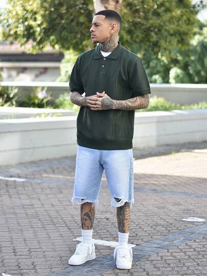 Devon Thys 男士破洞牛仔短裤，韩版，宽松休闲中长款短裤