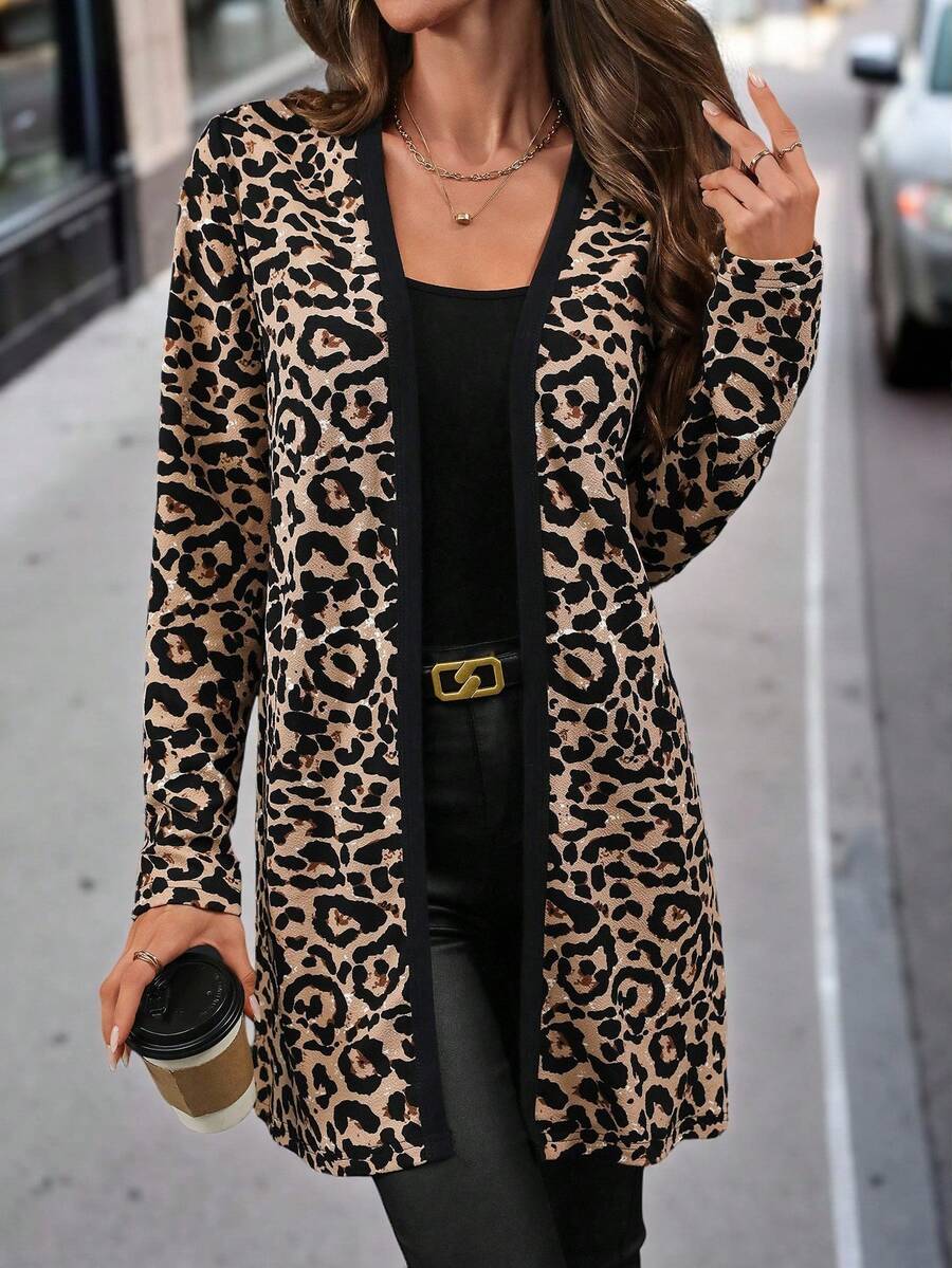Editum 冬季女式优雅复古豹纹常规剪裁开襟大衣，长款大衣