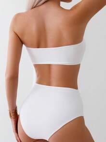 SHEIN Swim Women's Solid Color 3D Floral Decor Swimsuit Set - White - View 2