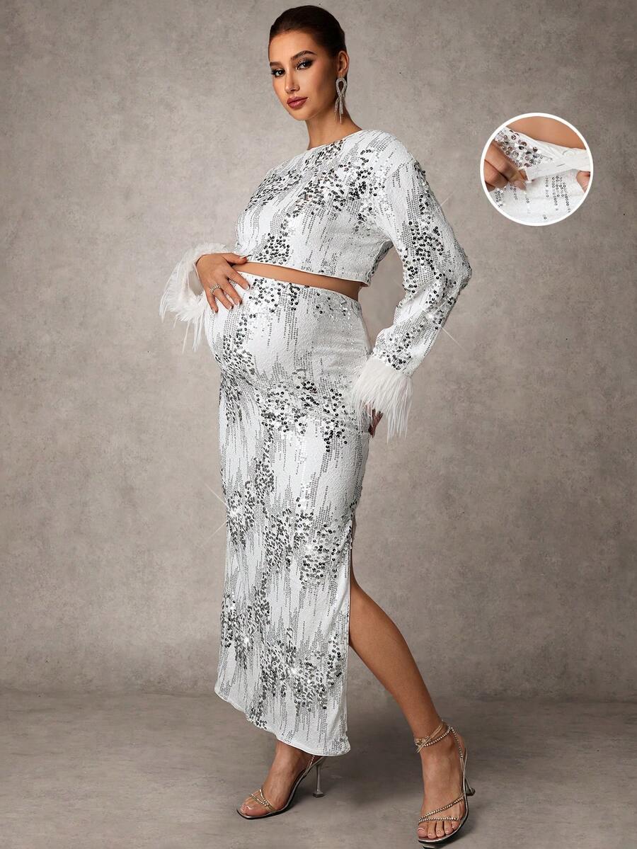 MaterniChic 2pcs Maternity Elegant Sequin Patchwork Fuzzy Trim Top And Skirt Set, Autumn - White - View 1