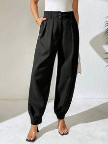 SHEIN PETITE Women's Elegant High-Waisted Black Straight-Leg Pants With Double-Button Decoration And Pleats, Suitable For Spring And Autumn