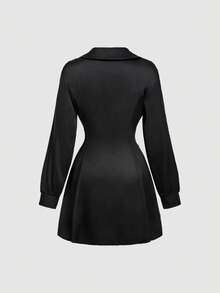 SHEIN MOD Vestido con mangas de unicolor con pliegues y envolvente frontal para damas - Negro - Ver 2