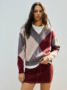 Maija Áo len nữ cổ chữ V kẻ caro hình học dáng rộng, mềm mại, thoải mái, phong cách tối giản thanh lịch, thời trang công sở cho mùa xuân/hè, phù hợp đi làm, văn phòng, đi học, hẹn hò. - Nhiều màu - Xem 4