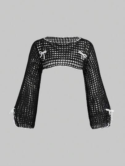 ROMWE Kawaii Suéter de manga larga corto y versátil con lazo y calado para mujer de talla grande