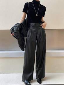 Dazy Tall 女士高个/长款PU皮裤，直筒，褶裥，宽松，休闲都市裤