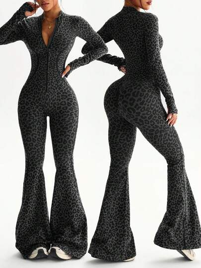 Dewbera 1 pieza Mono de manga larga con abertura para el pulgar, cintura alta, contorneado, para deportes, running, fitness, gimnasia y danza, con cuello de tortuga, cierre delantero y estampado de leopardo sexy y sin costuras para mujer