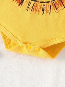 新生儿可爱狮子印花连体衣，带3D立体耳朵帽，短袖连体衣套装