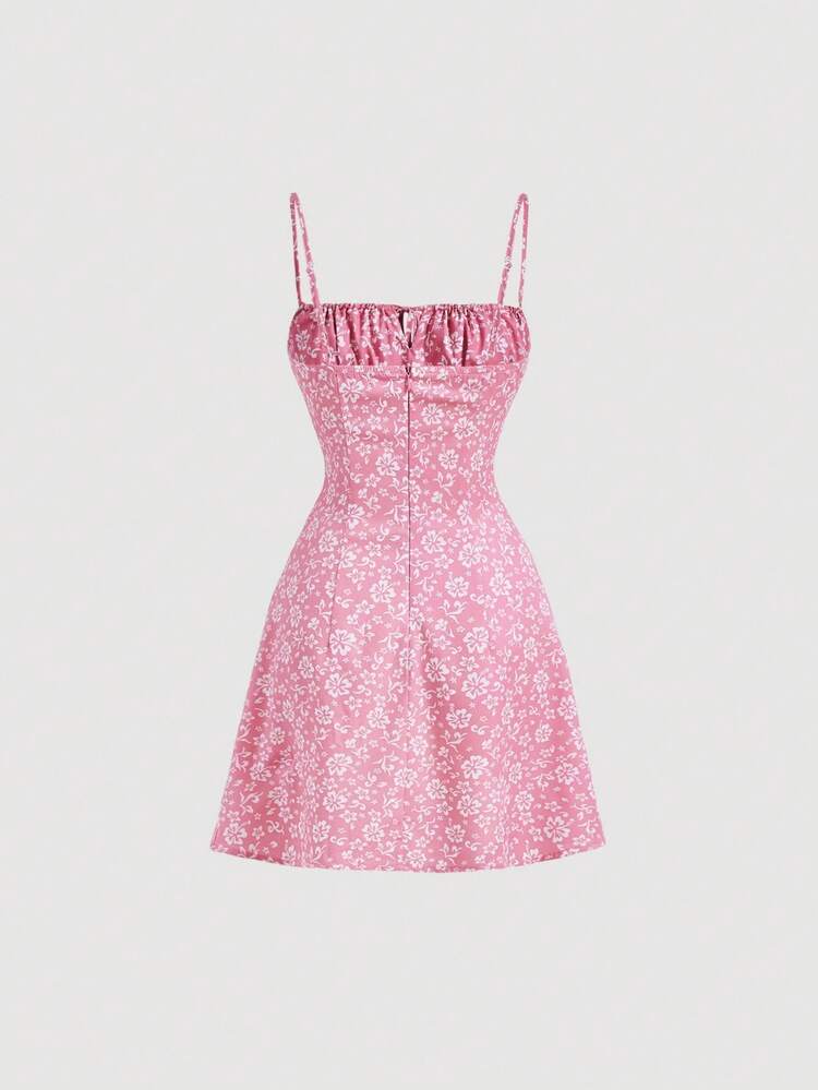 SHEIN MOD שמלת קאמי ורודה עם הדפס פרחוני וחזה מרופד - אביב - ריבוי צבעים - ראה 2