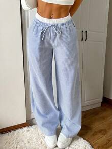 CovetEZ 女士藍色條紋織物寬褲，寬鬆版型休閒長褲