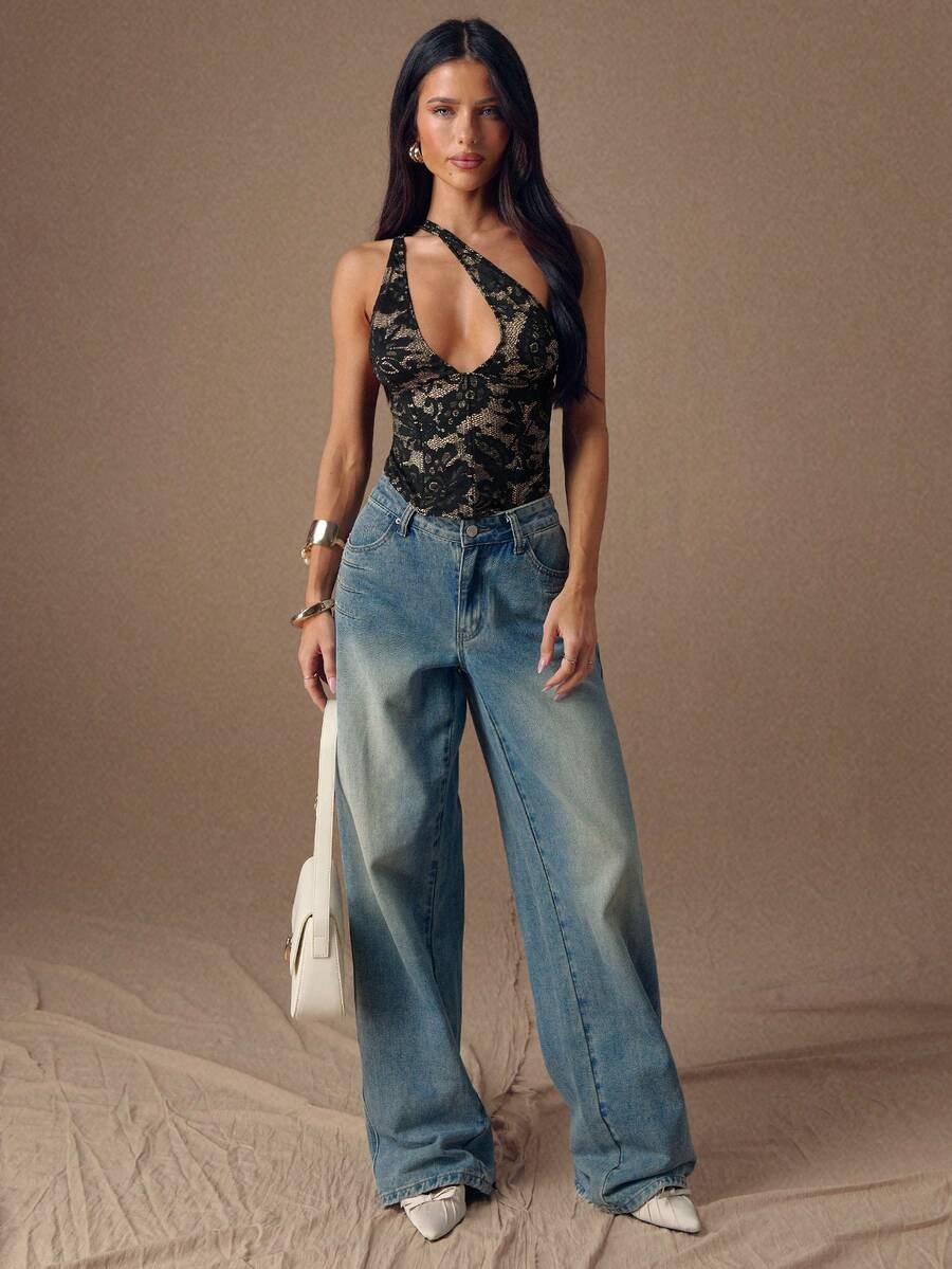 SHEIN BAE 女士时尚性感蕾丝镂空不对称肩部上衣，冬季女士吊带背心，适合派对、优雅、休闲、度假等场合 - 黑色 - 查看 1