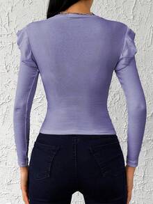 Cottnline 95% Cotton Ribbed Knit Ruffle Trim Tee - Lilac Purple - View 2
