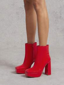 SHUZIA Giày nữ Giày bốt cổ điển có khóa kéo bên trong Mũi vuông Đế vuông Đế vuông Giày bốt đế vuông Giày bốt màu đỏ bóng - Đỏ - Xem 5