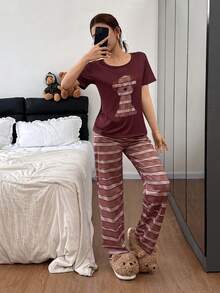 SHEIN 2pcs Cute Puppy Print Pajama Set, Short Sleeve Top And Long Pants Pajama Sets For Women Round Neck Summer Pijama Sets For Women Lounge Wear Women Set Sleep Wear Women Set Pajamas Set For Woman