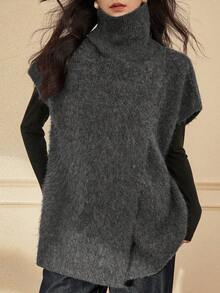 Dazy-Less 女士纯色高领蝙蝠袖短袖宽松休闲针织上衣，秋冬款 - 灰色 - 查看 4