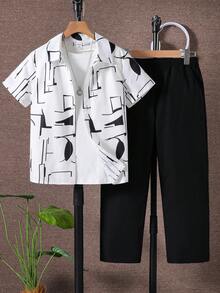 SHEIN Vacaura 2pcs/Set Tween BoyCasual Commuter Geometric Line Print Short Sleeve Shirt And Pants Set