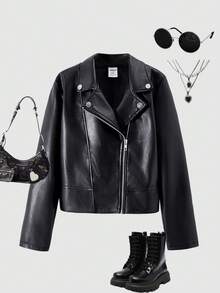 SHEIN ChillGRL Streecool Tween Girl 女童夹克，休闲时尚纯色翻领长袖拉链 PU 机车夹克，常规厚度适合日常休闲、派对、四季度假